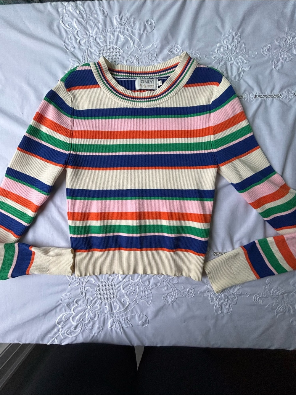 ONLY Cream Crewneck Sweater with Navy, Green, Pink & Orange Stripes